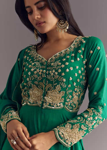 Green Russian Silk Front Slit Kurta Dupatta Set With Beaded Embroidery