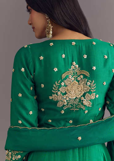 Green Russian Silk Front Slit Kurta Dupatta Set With Beaded Embroidery