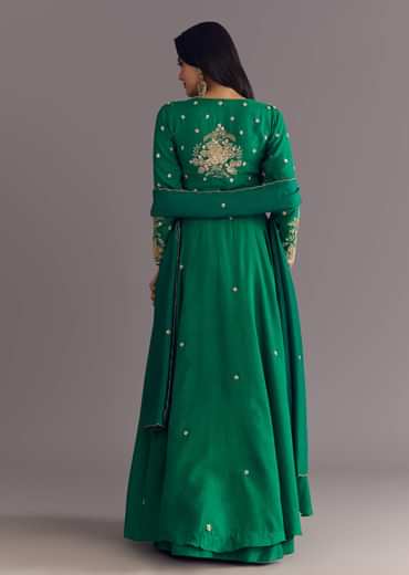 Green Russian Silk Front Slit Kurta Dupatta Set With Beaded Embroidery