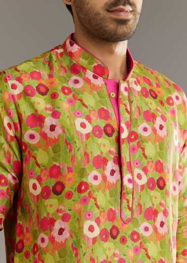 Green Russian Silk Kurta Set With Blossoming Prints