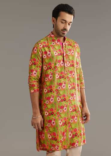 Green Russian Silk Kurta Set With Blossoming Prints