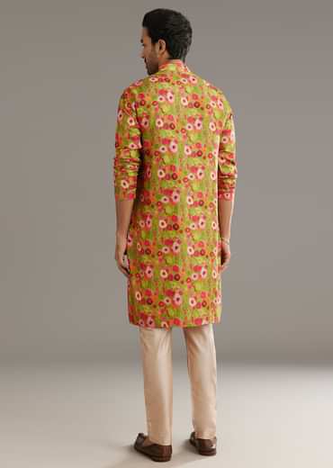 Green Russian Silk Kurta Set With Blossoming Prints