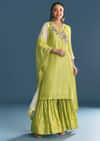 Green Russian Silk Kurta Sharara Suit With Gotta Work