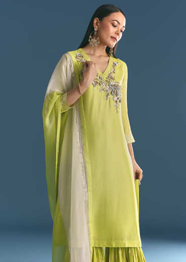 Green Russian Silk Kurta Sharara Suit With Gotta Work