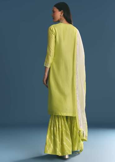 Green Russian Silk Kurta Sharara Suit With Gotta Work