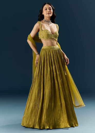 Green Satin Bridesmaid Lehenga With Cutdana And Beads Embroidery