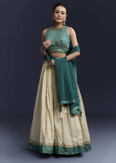 Green Satin Bridesmaid Lehenga With Hand Dyed Chevron Print Choli
