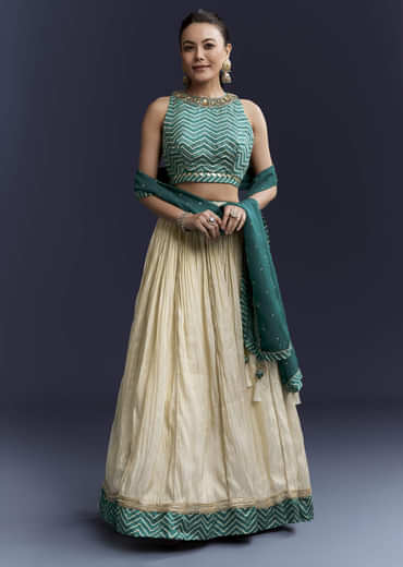 Green Satin Bridesmaid Lehenga With Hand Dyed Chevron Print Choli