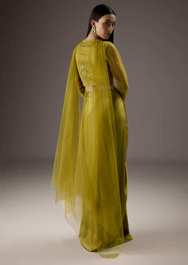 Green Satin Crop Top Skirt With Heavy Embroidery