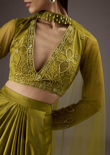 Green Satin Crop Top Skirt With Heavy Embroidery