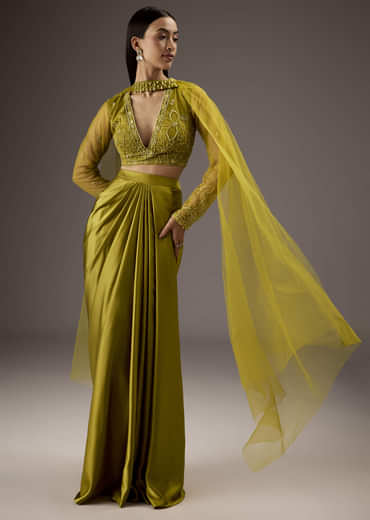 Green Satin Crop Top Skirt With Heavy Embroidery