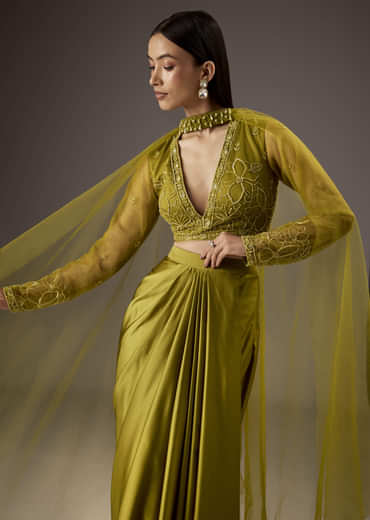 Green Satin Crop Top Skirt With Heavy Embroidery