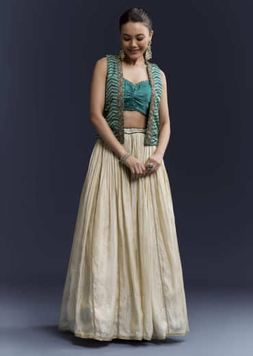 Green Satin Festive Lehenga With Hand Dyed Chevron Print Jacket