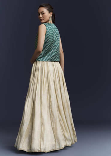 Green Satin Festive Lehenga With Hand Dyed Chevron Print Jacket