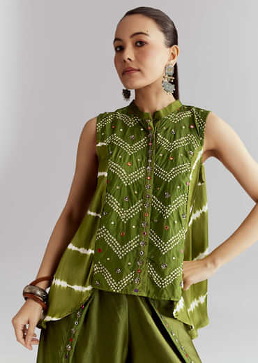 Green Satin Indo Western Set With Bandhani And Leheriya Print