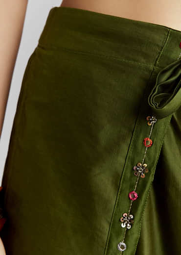 Green Satin Indo Western Set With Bandhani And Leheriya Print