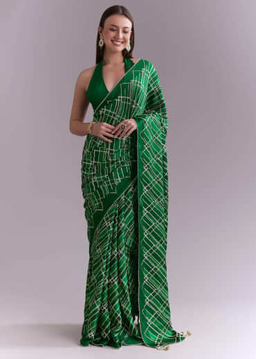 Green Satin Saree With Criss Cross Stripes And Zari Border