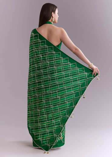 Green Satin Saree With Criss Cross Stripes And Zari Border