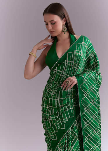 Green Satin Saree With Criss Cross Stripes And Zari Border