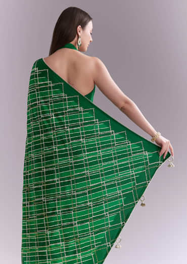 Green Satin Saree With Criss Cross Stripes And Zari Border