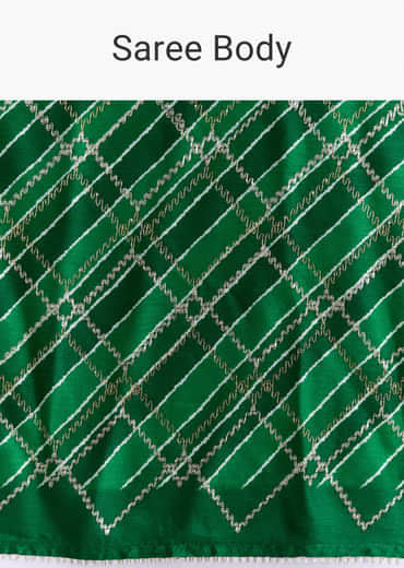 Green Satin Saree With Criss Cross Stripes And Zari Border