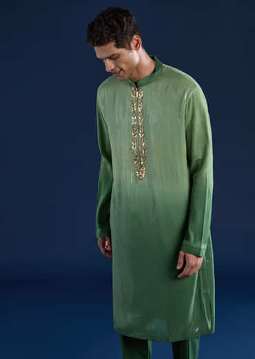 Green Sequin Work Mens Kurta and Pant Set