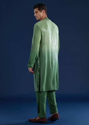 Green Sequin Work Mens Kurta and Pant Set