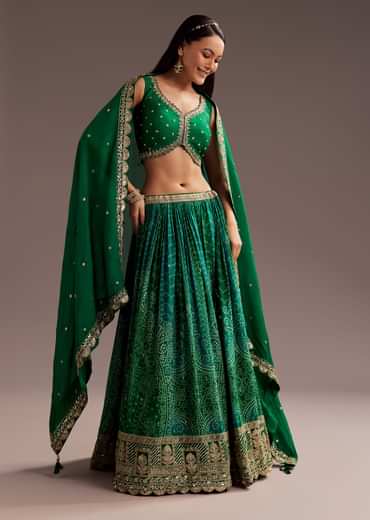 Green Sequins Bandhani Lehenga Dupatta Set