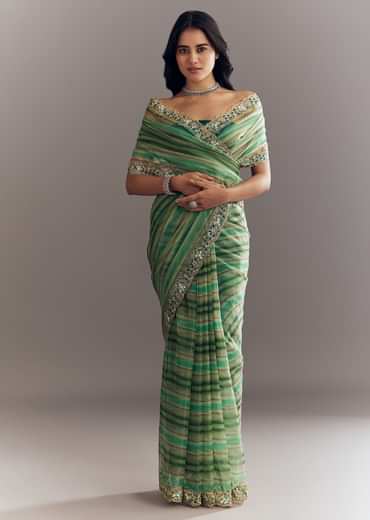 Green Shaded Tissue Saree With Cutdana Sequins And Beads Embroidery And Scallop Border