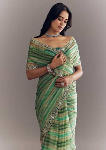 Green Shaded Tissue Saree With Cutdana Sequins And Beads Embroidery And Scallop Border