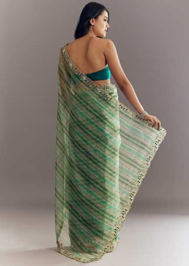 Green Shaded Tissue Saree With Cutdana Sequins And Beads Embroidery And Scallop Border