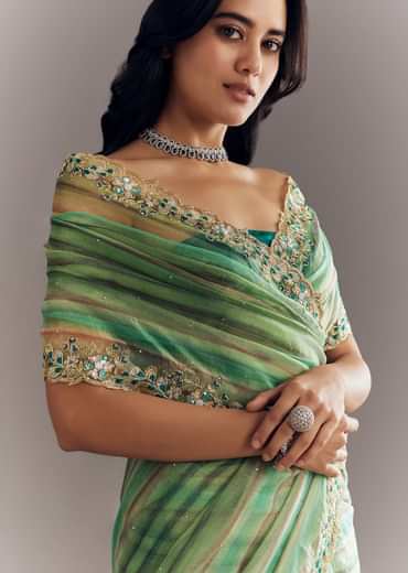 Green Shaded Tissue Saree With Cutdana Sequins And Beads Embroidery And Scallop Border