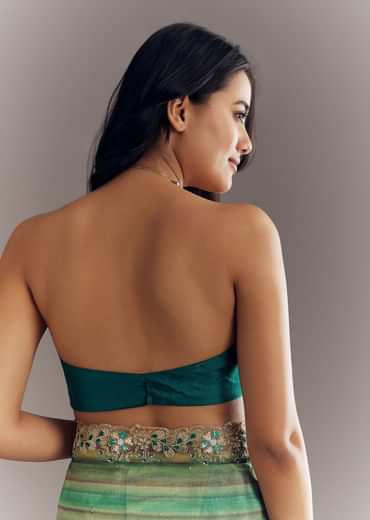 Green Shaded Tissue Saree With Cutdana Sequins And Beads Embroidery And Scallop Border