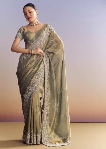 Green Shaded Tissue Saree With Embroidered Borders