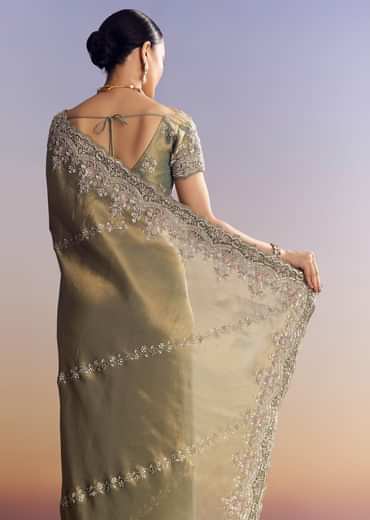 Green Shaded Tissue Saree With Embroidered Borders