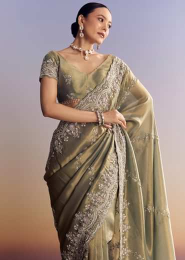 Green Shaded Tissue Saree With Embroidered Borders