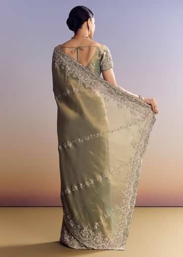 Green Shaded Tissue Saree With Embroidered Borders