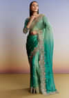 Green Shaded Tissue Saree With Floral Embroidery And Sequins Blouse