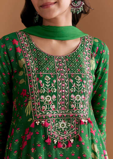 Green Silk Anarkali Suit With Floral Print And Hand Embroidery