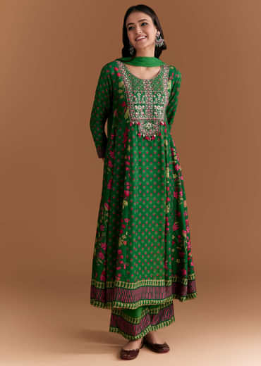 Green Silk Anarkali Suit With Floral Print And Hand Embroidery
