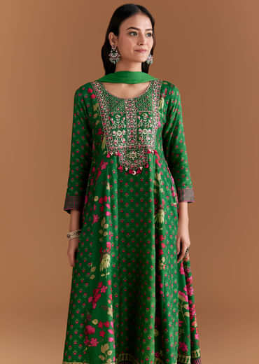 Green Silk Anarkali Suit With Floral Print And Hand Embroidery