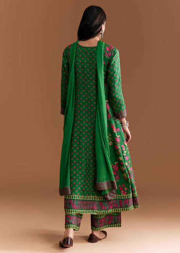 Green Silk Anarkali Suit With Floral Print And Hand Embroidery