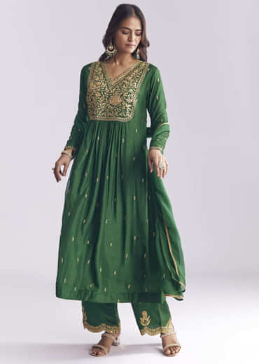 Green Silk Anarkali Suit With Zari Thread Work