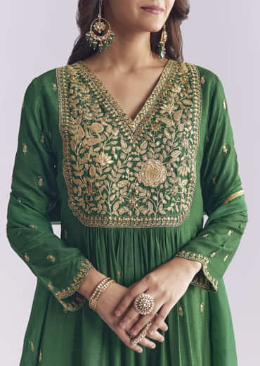 Green Silk Anarkali Suit With Zari Thread Work