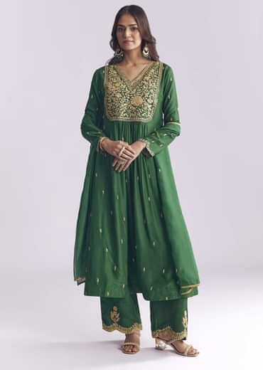 Green Silk Anarkali Suit With Zari Thread Work