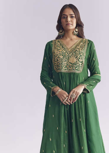 Green Silk Anarkali Suit With Zari Thread Work