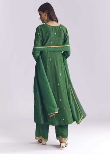 Green Silk Anarkali Suit With Zari Thread Work