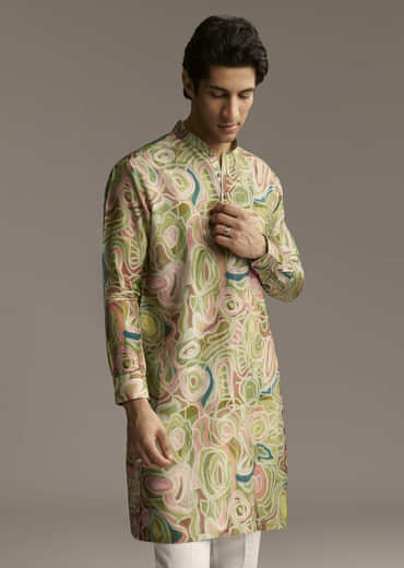 Green Silk Designer Kurta For Men With Abstract Print