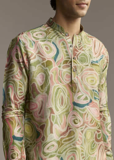 Green Silk Designer Kurta For Men With Abstract Print