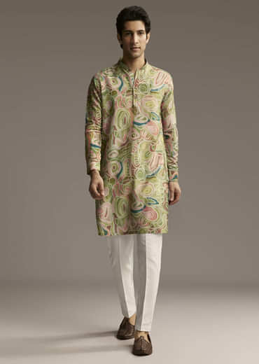 Green Silk Designer Kurta For Men With Abstract Print